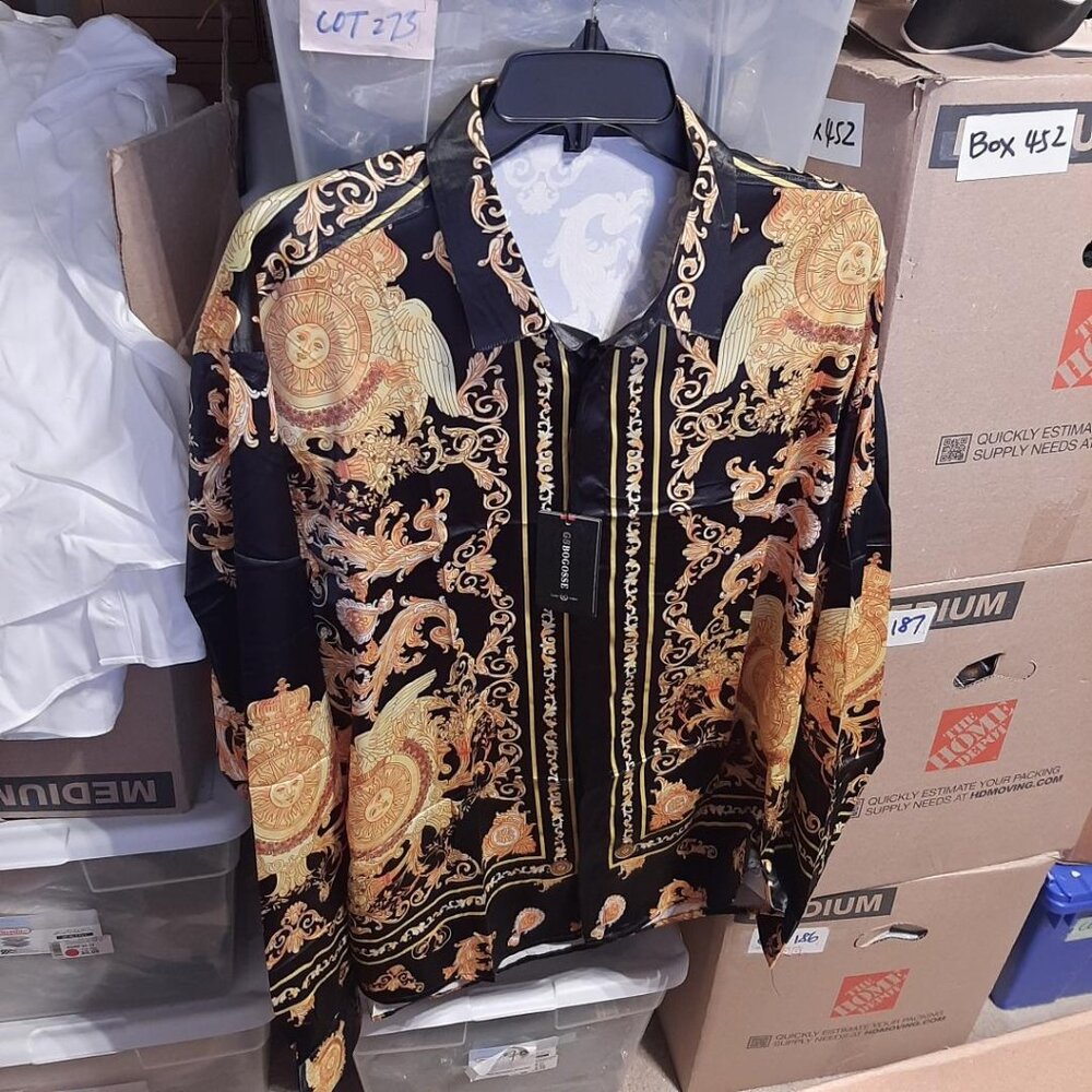 Gsbogosse Men Gold Fashion Luxury Printed Satin Long Sleeve Dress Shirt Size XL